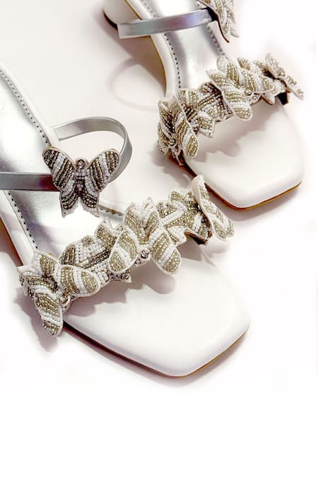 Buy_Soleart_White Cut Work, Beads Butterwings 3d Embroidered Heels_Online_at_Aza_Fashions