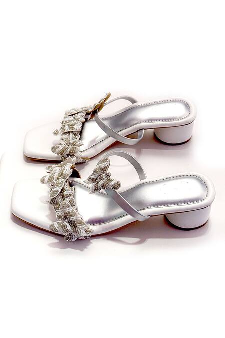 Shop_Soleart_White Cut Work, Beads Butterwings 3d Embroidered Heels_Online_at_Aza_Fashions