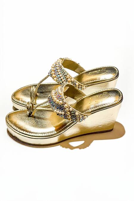 Soleart Gold Pearls, Stones Work Wedges Online at Aza Fashions Soleart_Gold Pearls, Stones Work Wedges_Online_at_Aza_Fashions