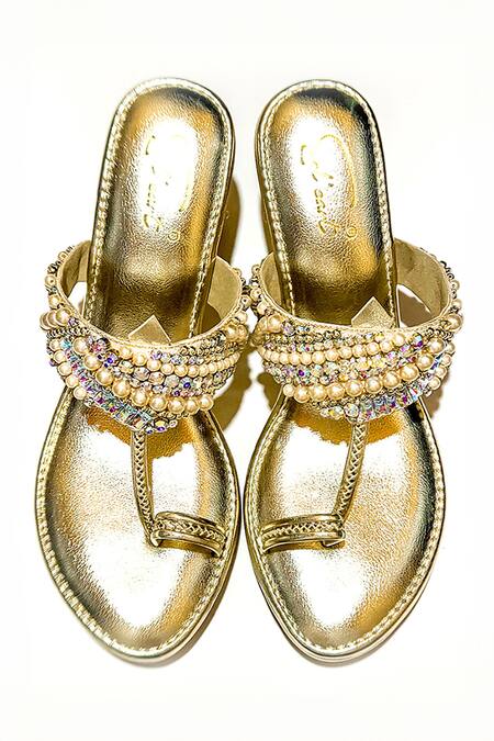 Shop Soleart Gold Pearls, Stones Work Wedges at Aza Fashions Shop_Soleart_Gold Pearls, Stones Work Wedges_at_Aza_Fashions