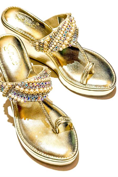 Shop Soleart Gold Pearls, Stones Work Wedges Online at Aza Fashions Shop_Soleart_Gold Pearls, Stones Work Wedges_Online_at_Aza_Fashions
