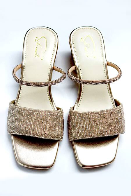 Shop Soleart Rose Gold Beads, Rhinestones Embellished Heels at Aza Fashions Shop_Soleart_Rose Gold Beads, Rhinestones Embellished Heels_at_Aza_Fashions