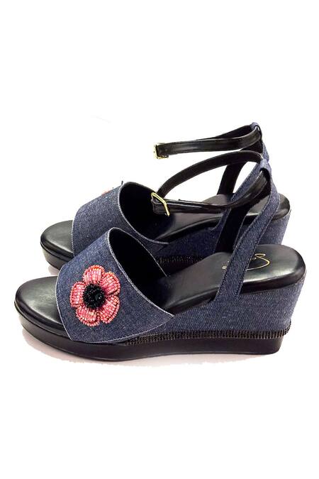 Soleart_Blue Beads Embroidered Denim Wedges_Online_at_Aza_Fashions
