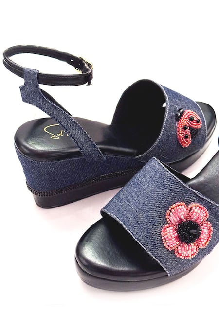 Buy_Soleart_Blue Beads Embroidered Denim Wedges_Online_at_Aza_Fashions