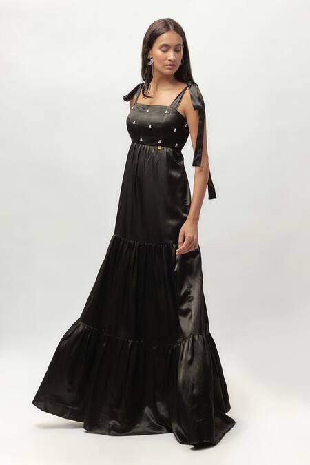 Shop Emblaze Black Cotton Crystals Square Neck Swarovski Embellished Maxi Dress Online at Aza Fashions Shop_Emblaze_Black Cotton Crystals Square Neck Swarovski Embellished Maxi Dress _Online_at_Aza_Fashions