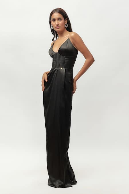Emblaze Black Cotton Embroidery V-neck Aari Embellished Corset Gown Online at Aza Fashions Emblaze_Black Cotton Embroidery V-neck Aari Embellished Corset Gown _Online_at_Aza_Fashions