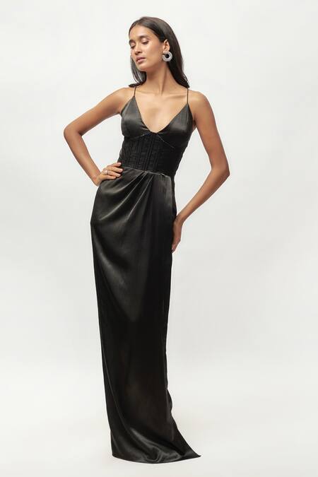 Buy Emblaze Black Cotton Embroidery V-neck Aari Embellished Corset Gown Online at Aza Fashions Buy_Emblaze_Black Cotton Embroidery V-neck Aari Embellished Corset Gown _Online_at_Aza_Fashions