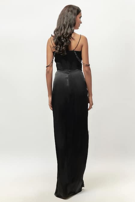 Shop Emblaze Black Gingham Crystals Square Neck Embellished Draped Maxi Dress at Aza Fashions Shop_Emblaze_Black Gingham Crystals Square Neck Embellished Draped Maxi Dress _at_Aza_Fashions