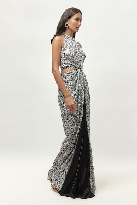 Emblaze_Black Net, Linen Sequins Halter Neck And White Cut Out Gown _Online_at_Aza_Fashions