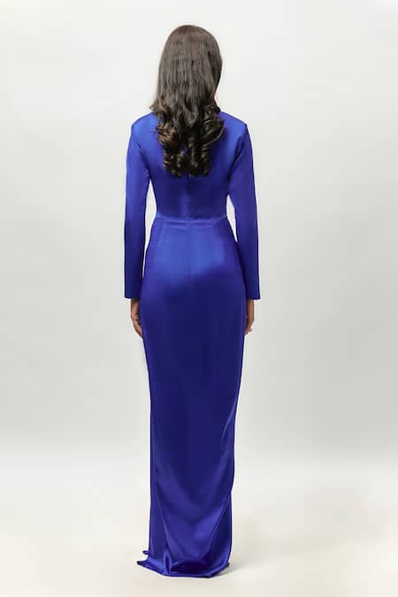 Shop_Emblaze_Blue Satin V-neck Draped Maxi Dress _at_Aza_Fashions