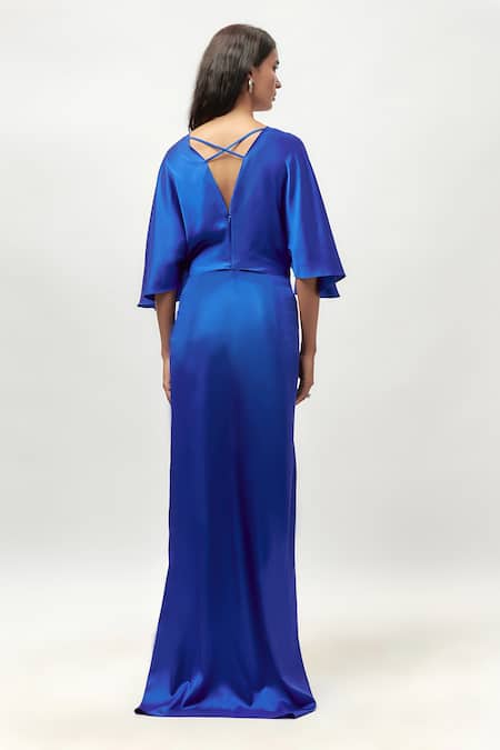 Shop_Emblaze_Blue Satin Crystals V-neck Swarovski Embellished Draped Maxi Dress _at_Aza_Fashions