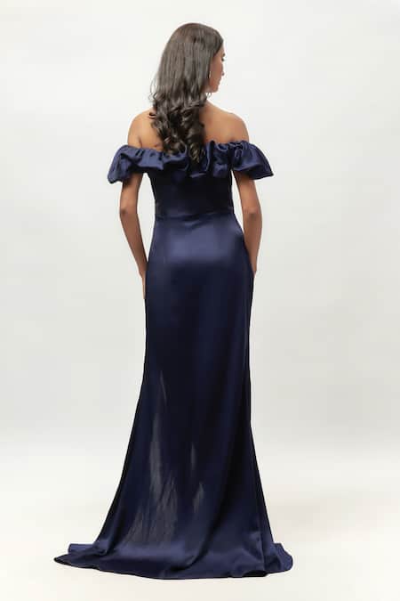 Emblaze Navy Blue Ruffled Off Shoulder Gown 