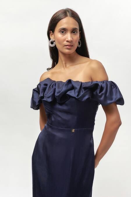 Buy Emblaze Blue Silk Off-shoulder Navy Ruffled Off Gown Online at Aza Fashions Buy_Emblaze_Blue Silk Off-shoulder Navy Ruffled Off Gown _Online_at_Aza_Fashions