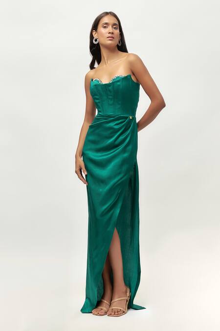 Buy_Emblaze_Green Linen Crystals Off-shoulder, Sweetheart Neck Teal Embellished Gown _Online_at_Aza_Fashions
