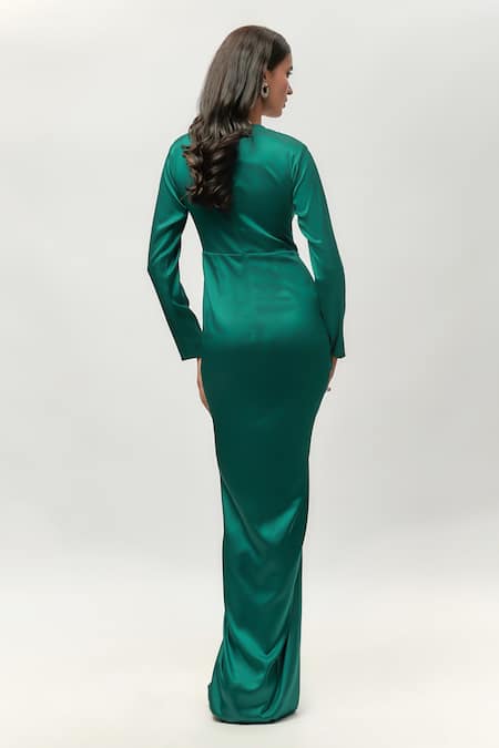 Shop_Emblaze_Green Satin V-neck Teal Ruched Maxi Gown _at_Aza_Fashions
