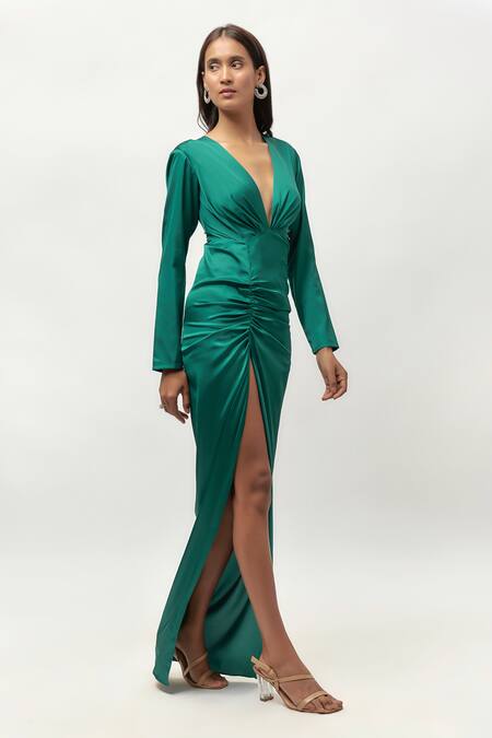 Buy_Emblaze_Green Satin V-neck Teal Ruched Maxi Gown _Online_at_Aza_Fashions