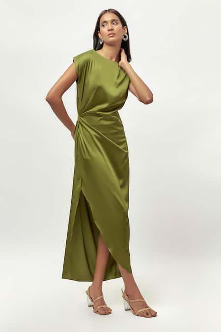 Emblaze_Green Satin Boat Neck Olive Draped Midi Dress _Online_at_Aza_Fashions