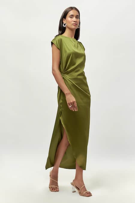 Buy_Emblaze_Green Satin Boat Neck Olive Draped Midi Dress _Online_at_Aza_Fashions