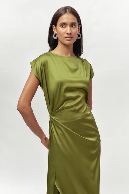 Shop_Emblaze_Green Satin Boat Neck Olive Draped Midi Dress _Online_at_Aza_Fashions