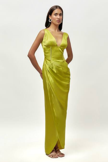 Emblaze_Green Silk Stones V-neck Swarovski Embellished Draped Gown _Online_at_Aza_Fashions