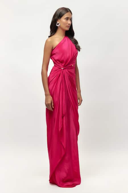 Emblaze Pink Crepe Crystals One Shoulder Embellished Draped Gown Online at Aza Fashions Emblaze_Pink Crepe Crystals One Shoulder Embellished Draped Gown _Online_at_Aza_Fashions