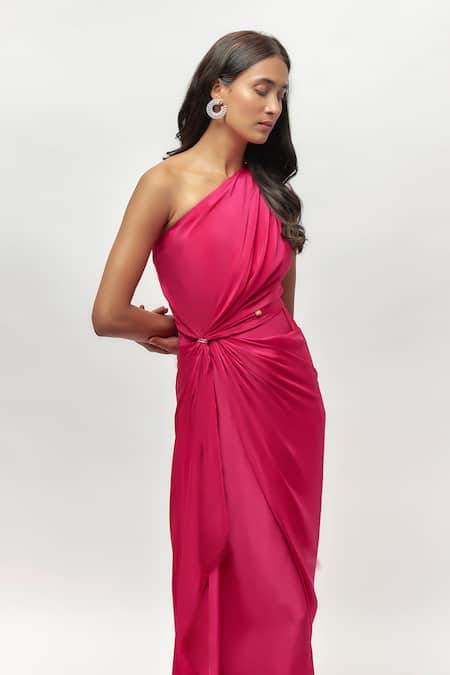 Shop Emblaze Pink Crepe Crystals One Shoulder Embellished Draped Gown Online at Aza Fashions Shop_Emblaze_Pink Crepe Crystals One Shoulder Embellished Draped Gown _Online_at_Aza_Fashions