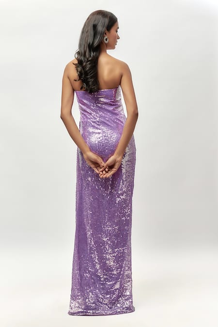 Shop_Emblaze_Purple Net, Linen Sequins Off-shoulder Lilac Embellished Off Gown _at_Aza_Fashions