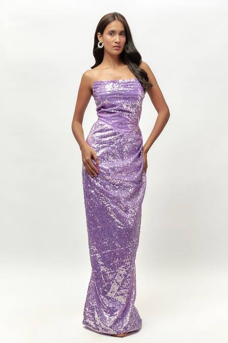 Emblaze_Purple Net, Linen Sequins Off-shoulder Lilac Embellished Off Gown _Online_at_Aza_Fashions