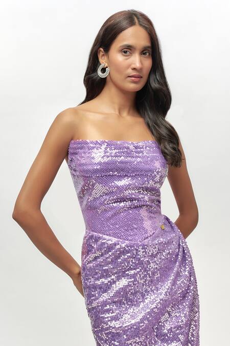 Buy_Emblaze_Purple Net, Linen Sequins Off-shoulder Lilac Embellished Off Gown _Online_at_Aza_Fashions