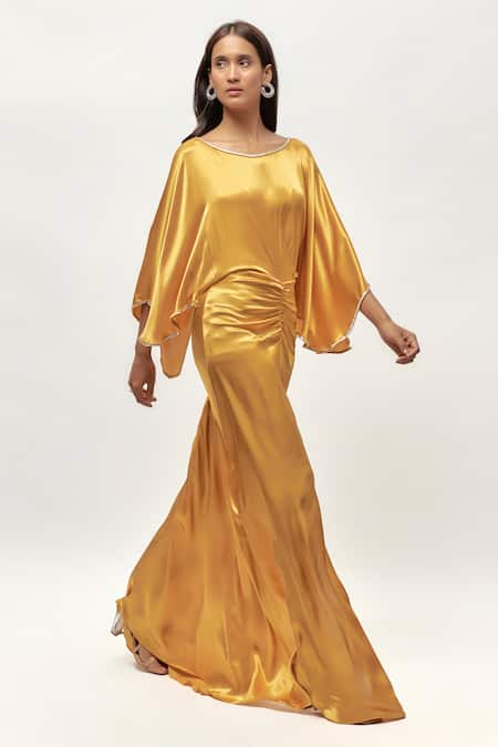 Emblaze Gold Gingham Stones Round Neck Swarovski Embellished Ruched Maxi Dress Online at Aza Fashions Emblaze_Gold Gingham Stones Round Neck Swarovski Embellished Ruched Maxi Dress _Online_at_Aza_Fashions