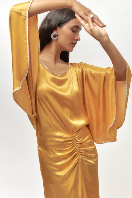 Buy Emblaze Gold Gingham Stones Round Neck Swarovski Embellished Ruched Maxi Dress Online at Aza Fashions Buy_Emblaze_Gold Gingham Stones Round Neck Swarovski Embellished Ruched Maxi Dress _Online_at_Aza_Fashions