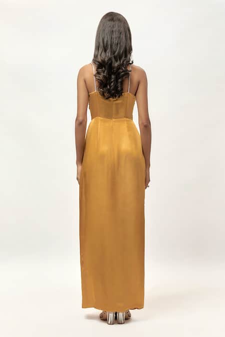 Shop_Emblaze_Gold Gingham, Linen Crystals Square Neck Embellished Ruched Maxi Dress _at_Aza_Fashions