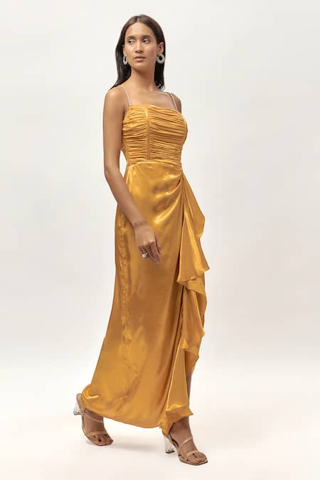 Buy_Emblaze_Gold Gingham, Linen Crystals Square Neck Embellished Ruched Maxi Dress _Online_at_Aza_Fashions