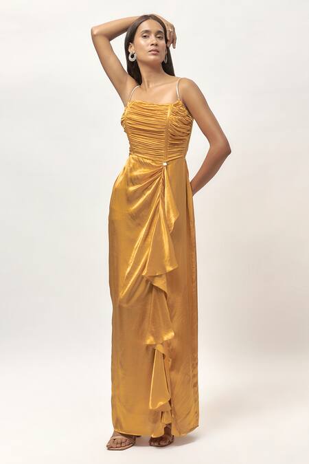 Shop_Emblaze_Gold Gingham, Linen Crystals Square Neck Embellished Ruched Maxi Dress _Online_at_Aza_Fashions