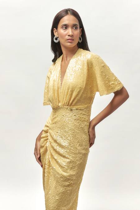 Shop Emblaze Yellow Net, Linen Sequins V-neck Ruched Front Slit Maxi Dress Online at Aza Fashions Shop_Emblaze_Yellow Net, Linen Sequins V-neck Ruched Front Slit Maxi Dress _Online_at_Aza_Fashions