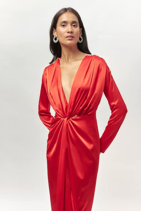 Buy_Emblaze_Red Satin Stones V-neck Swarovski Embellished Draped Maxi Dress _Online_at_Aza_Fashions