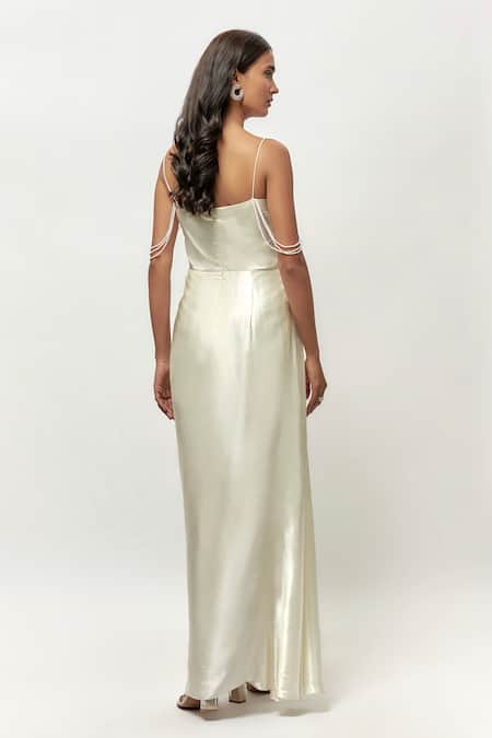 Shop Emblaze Off White Gingham Pearls Sweetheart Neck Embellished Draped Maxi Dress at Aza Fashions Shop_Emblaze_Off White Gingham Pearls Sweetheart Neck Embellished Draped Maxi Dress _at_Aza_Fashions