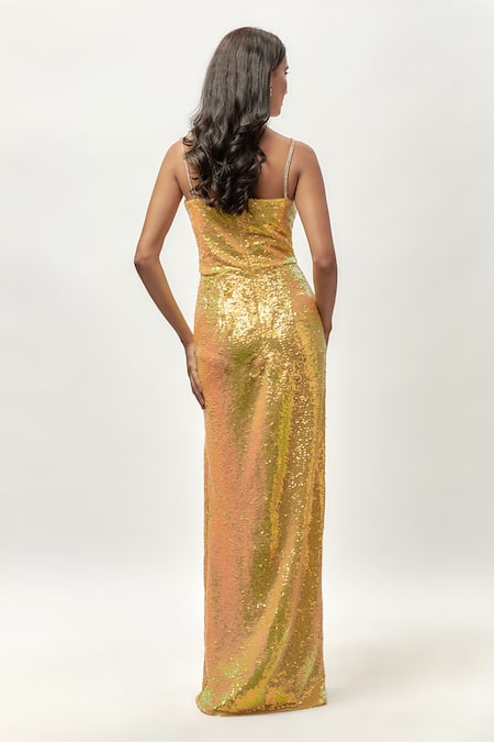 Shop_Emblaze_Yellow Net, Linen Sequins Sweetheart Neck Swarovski Embellished Maxi Dress _at_Aza_Fashions