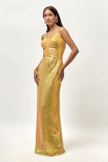 Emblaze_Yellow Net, Linen Sequins Sweetheart Neck Swarovski Embellished Maxi Dress _Online_at_Aza_Fashions