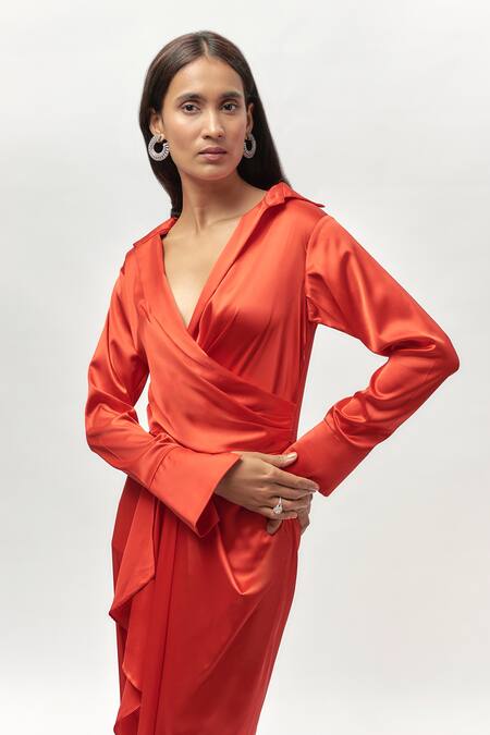 Emblaze Red Satin Collared Draped Shirt Dress Online at Aza Fashions Emblaze_Red Satin Collared Draped Shirt Dress _Online_at_Aza_Fashions