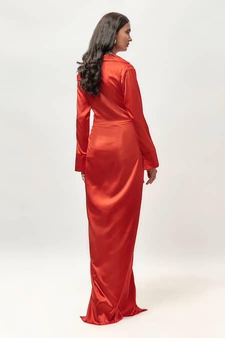 Shop Emblaze Red Satin Collared Draped Shirt Dress at Aza Fashions Shop_Emblaze_Red Satin Collared Draped Shirt Dress _at_Aza_Fashions