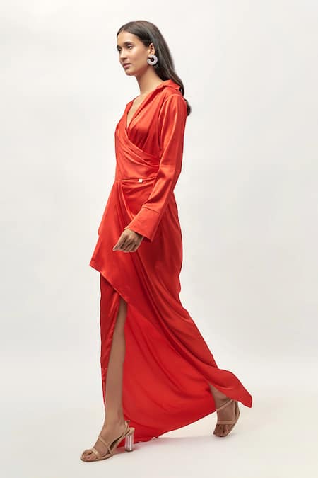 Buy Emblaze Red Satin Collared Draped Shirt Dress Online at Aza Fashions Buy_Emblaze_Red Satin Collared Draped Shirt Dress _Online_at_Aza_Fashions