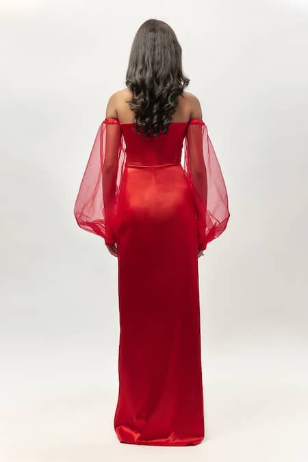 Emblaze Red Off Shoulder Balloon Sleeve Gown 