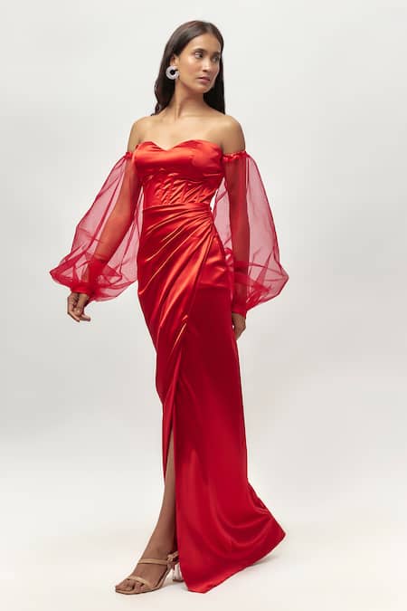 Buy Emblaze Red Net, Satin, Linen Off-shoulder, Sweetheart Neck Off Balloon Sleeve Gown Online at Aza Fashions Buy_Emblaze_Red Net, Satin, Linen Off-shoulder, Sweetheart Neck Off Balloon Sleeve Gown _Online_at_Aza_Fashions