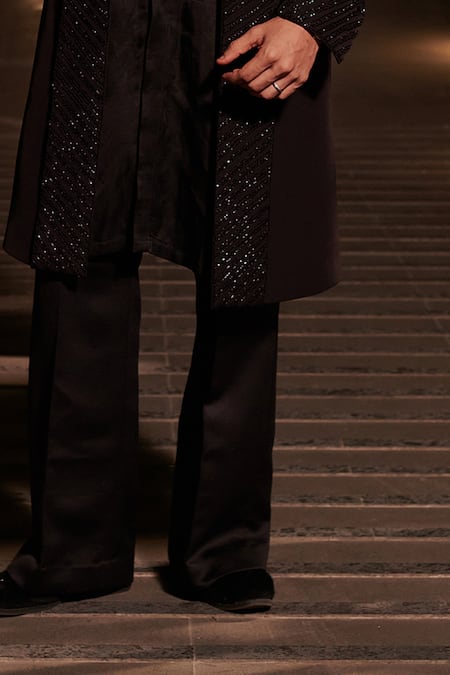 Jigar & Nikita_Black Linen, Satin Cut Work Geometric Cutdana Embroidered Jacket Set _Online_at_Aza_Fashions