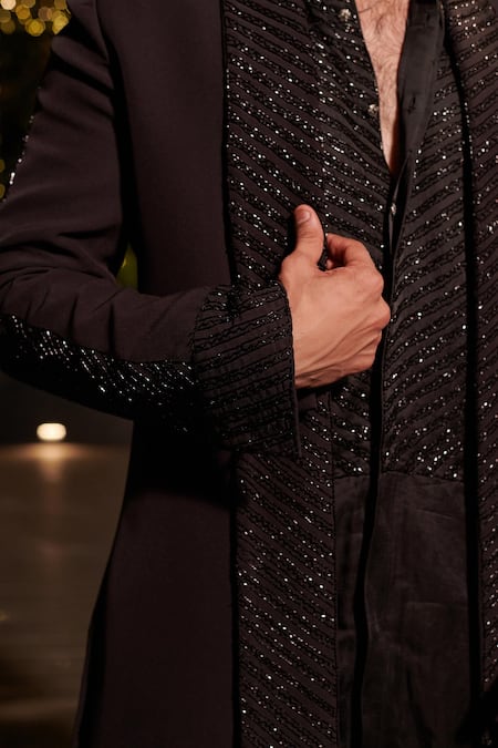 Shop_Jigar & Nikita_Black Linen, Satin Cut Work Geometric Cutdana Embroidered Jacket Set _Online_at_Aza_Fashions