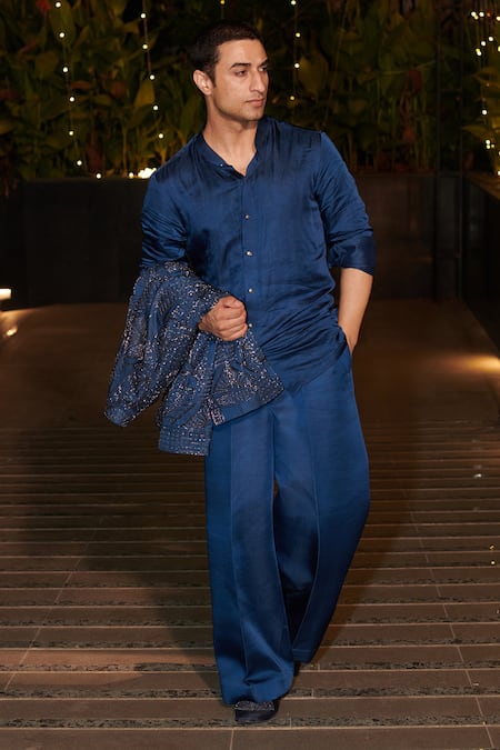 Jigar & Nikita_Navy Silk Cut Work, Sequins Geometric Embroidered Jacket Set _Online_at_Aza_Fashions