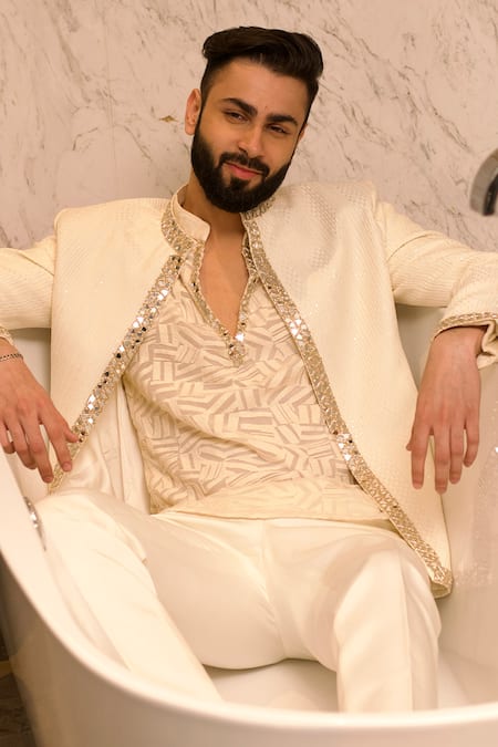 Jigar & Nikita_Ivory Chanderi, Georgette Sequins, Mirrors, Zari Embroidered Jacket Kurta Set _Online_at_Aza_Fashions