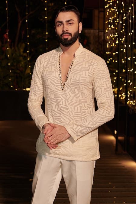 Buy_Jigar & Nikita_Ivory Chanderi, Georgette Sequins, Mirrors, Zari Embroidered Jacket Kurta Set _Online_at_Aza_Fashions