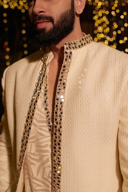 Shop_Jigar & Nikita_Ivory Chanderi, Georgette Sequins, Mirrors, Zari Embroidered Jacket Kurta Set _Online_at_Aza_Fashions